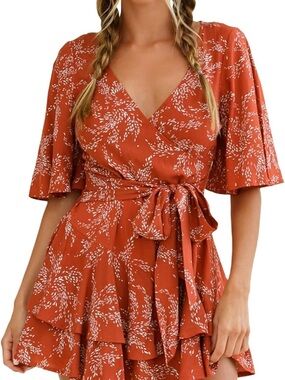 NWOT Rust Floral Wrap Mini Dress with Tie Waist